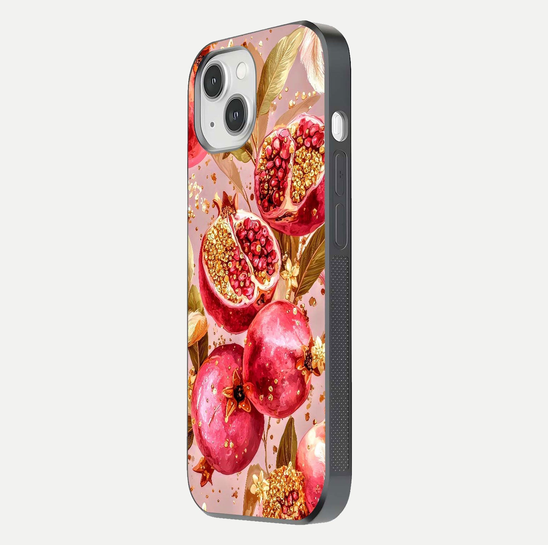 Golden Bloom Glow Glass Case for iPhone 14 side-angle image showing light reflection, gloss texture, and rich tone