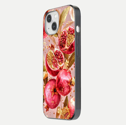 Golden Bloom Glow Glass Case for iPhone 14 side-angle image showing light reflection, gloss texture, and rich tone