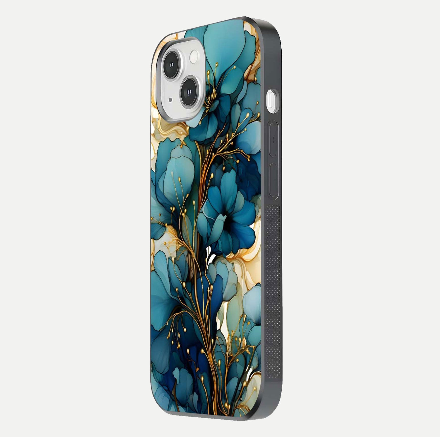 Golden Bloom Symphony Glass Case for iPhone 14 side-angle image showing golden glow, light reflection, and premium surface