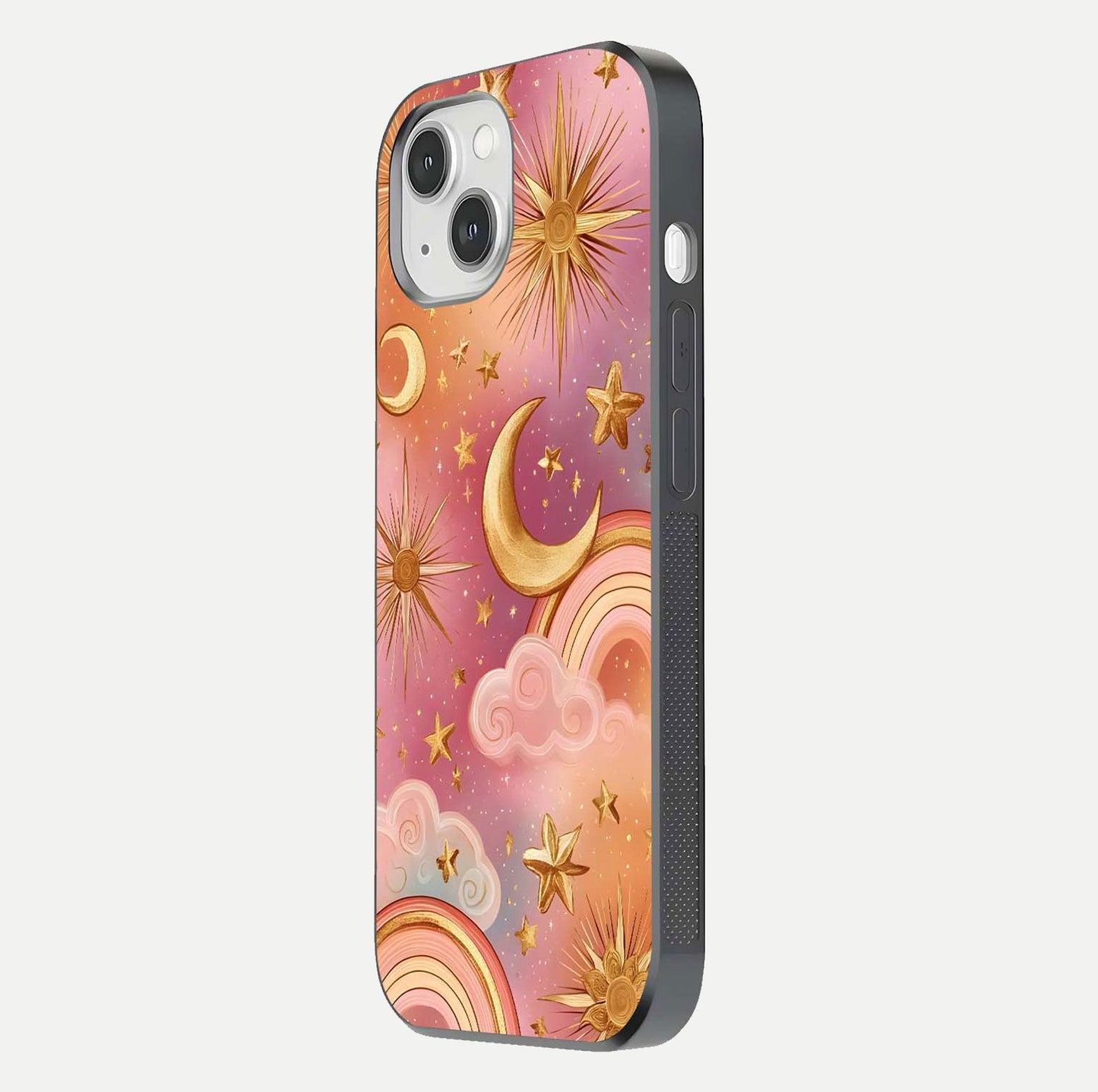 Golden Celestial Dreams Glass Case for iPhone 14 side-angle image capturing reflection brightness and starry detail