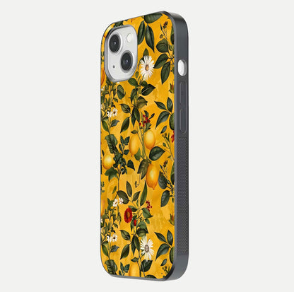 Golden Lemon Field Glass Case for iPhone 14 side-angle image showing reflection clarity and juicy color tone
