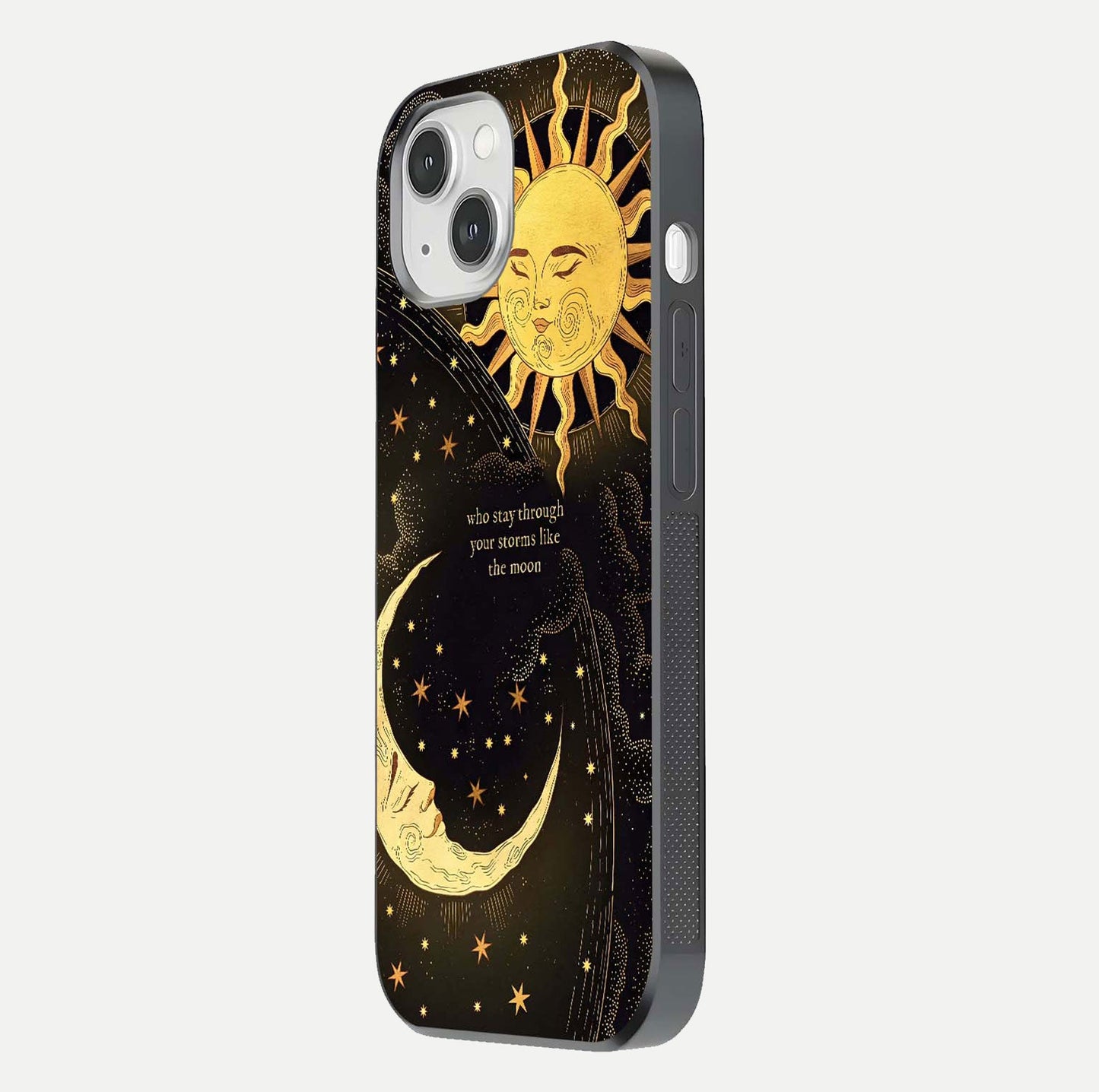 Golden Lunar Love Glass Case for iPhone 14 side-angle image showing reflection brilliance and smooth golden tone