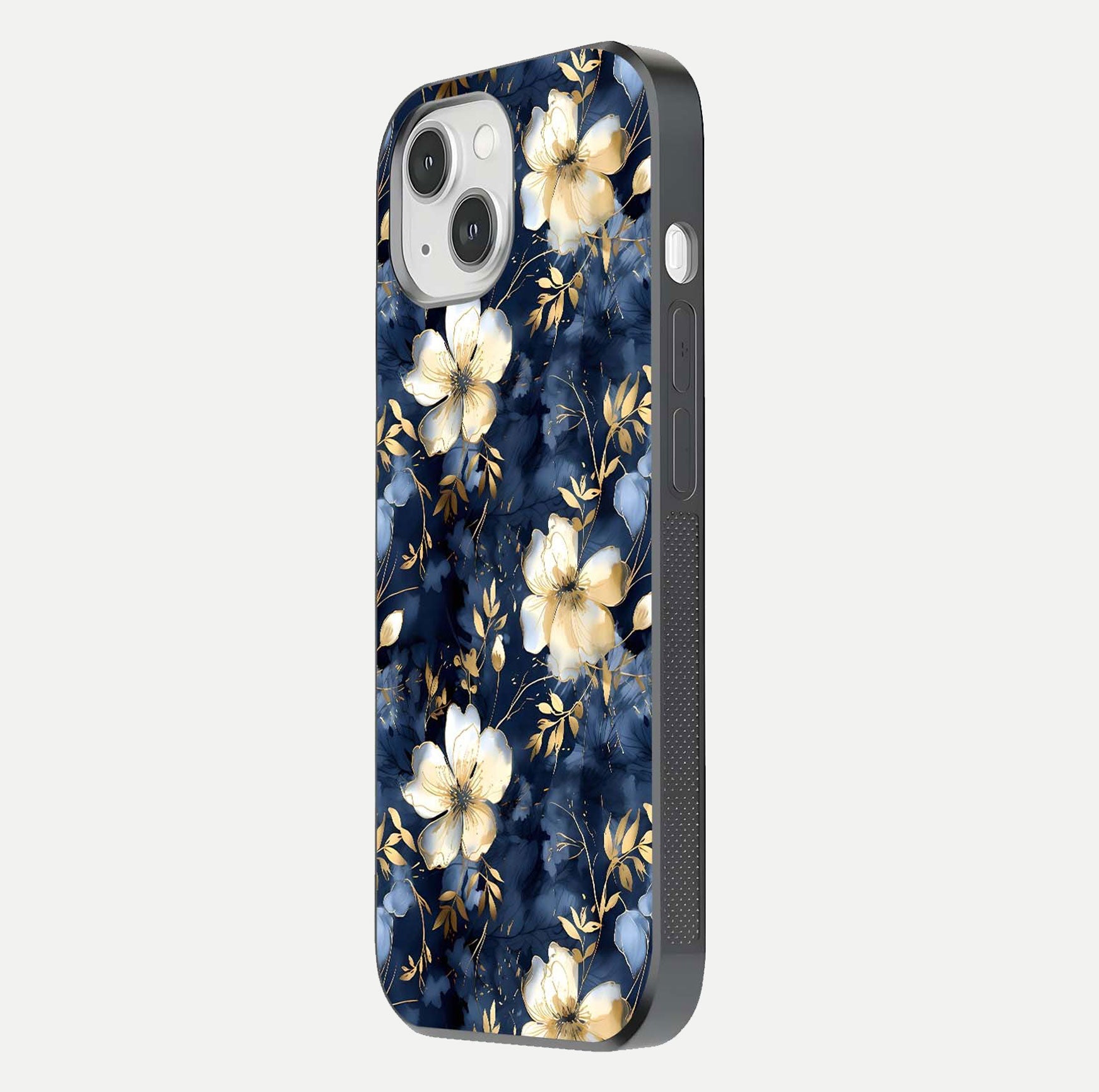 Golden Midnight Bloom Glass Case for iPhone 14 side-angle image showing shine depth and elegant edge design