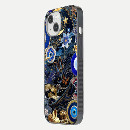 Golden Moon Magic Glass Case for iPhone 14 side-angle image showing reflection glow, curved polish, and moon detail