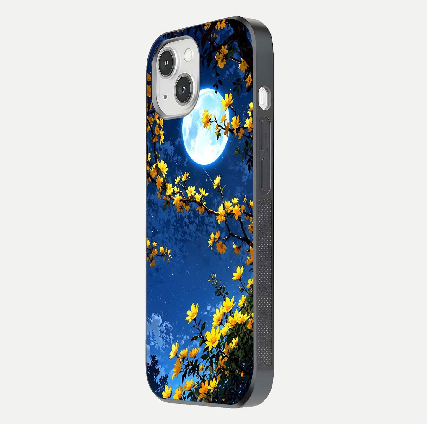 Golden Night Glow Glass Case for iPhone 14 side-angle image showing reflection clarity and elegant golden tone