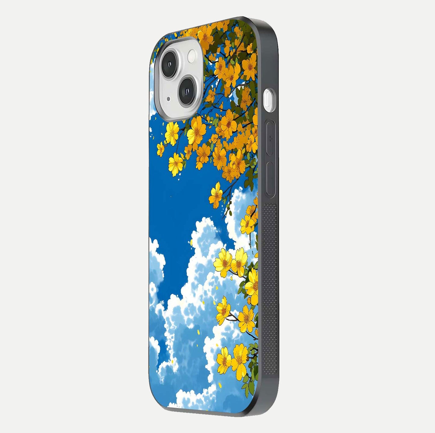 Golden Petal Sky Glass Case for iPhone 14 side-angle image showing reflection depth and metallic floral tones