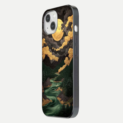 Golden River Moon Glass Case for iPhone 14 side-angle image showing reflection clarity and detailed nightscape