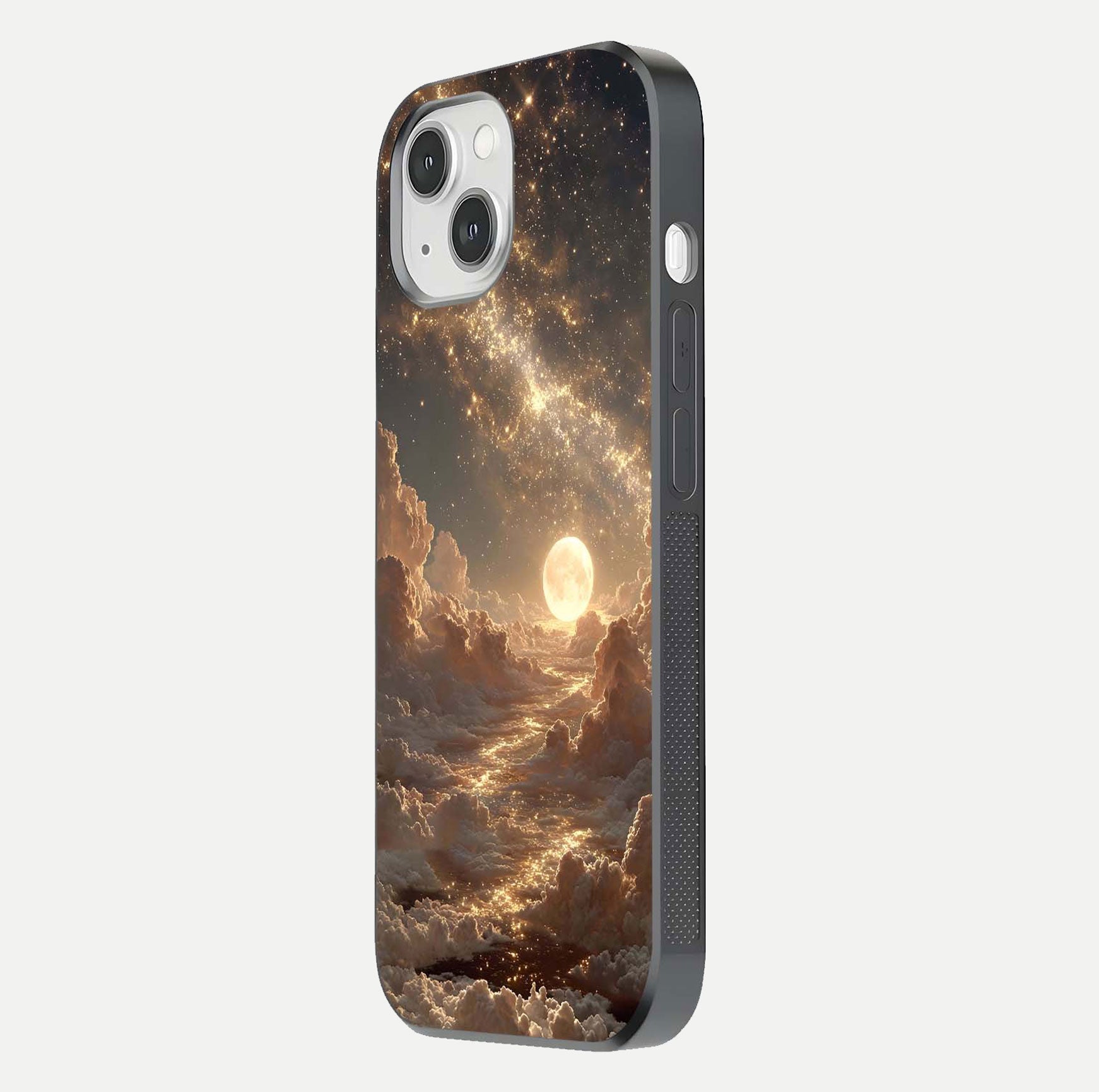 Golden Sky Dream Glass Case for iPhone 14 side-angle image showing reflection shine and smooth surface