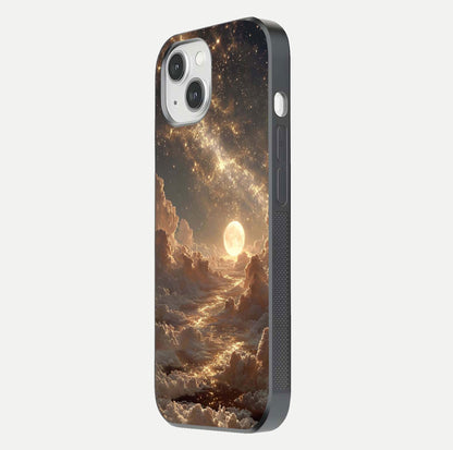 Golden Sky Dream Glass Case for iPhone 14 side-angle image showing reflection shine and smooth surface