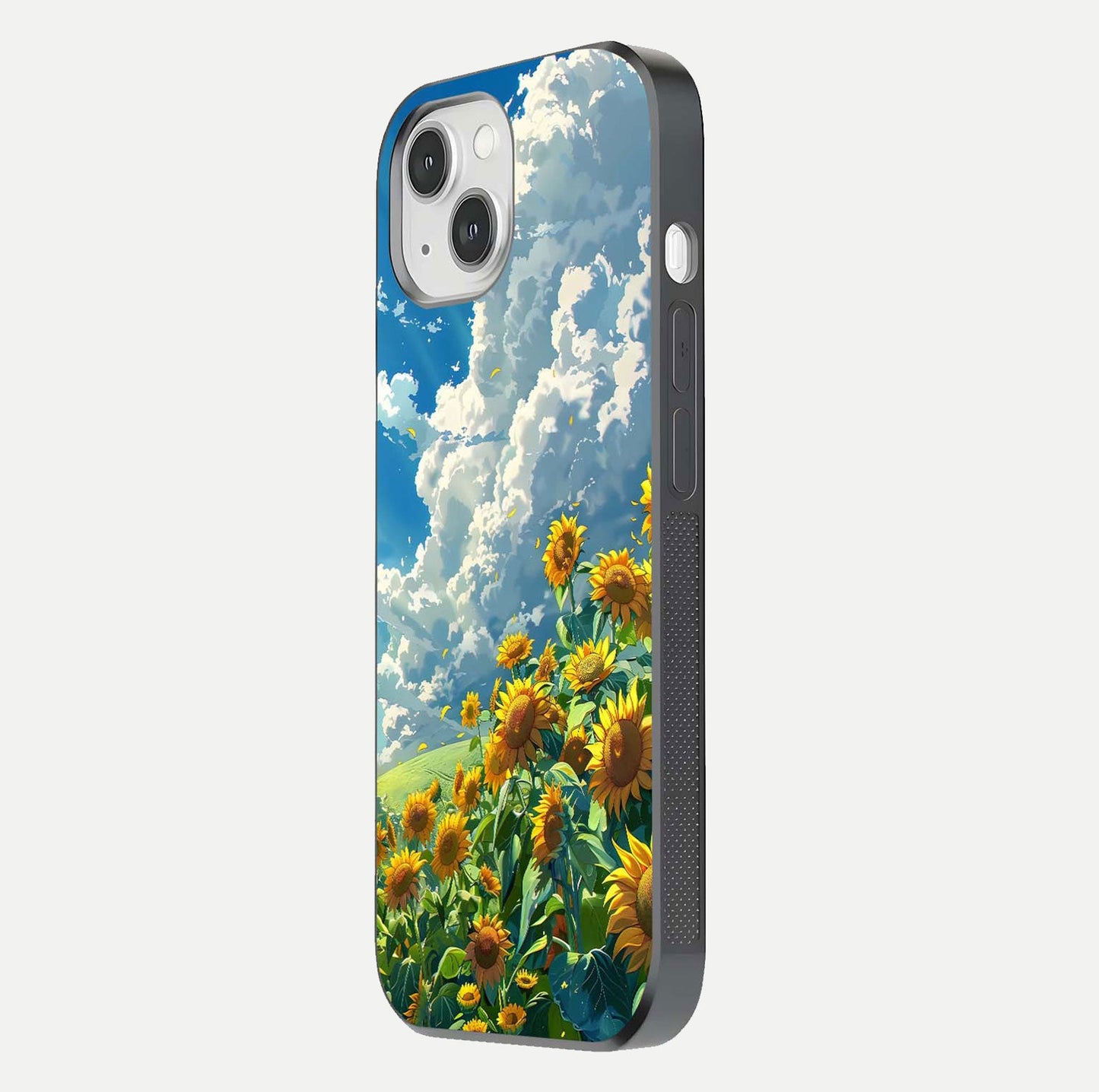 Golden Sun Glory Glass Case for iPhone 14 side-angle image showing reflection glow and luminous texture