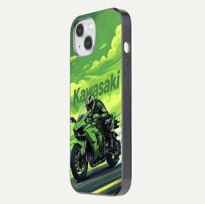 Green Kawasaki Glass Case for iPhone 14 side-angle image showing reflection depth and metallic green accent