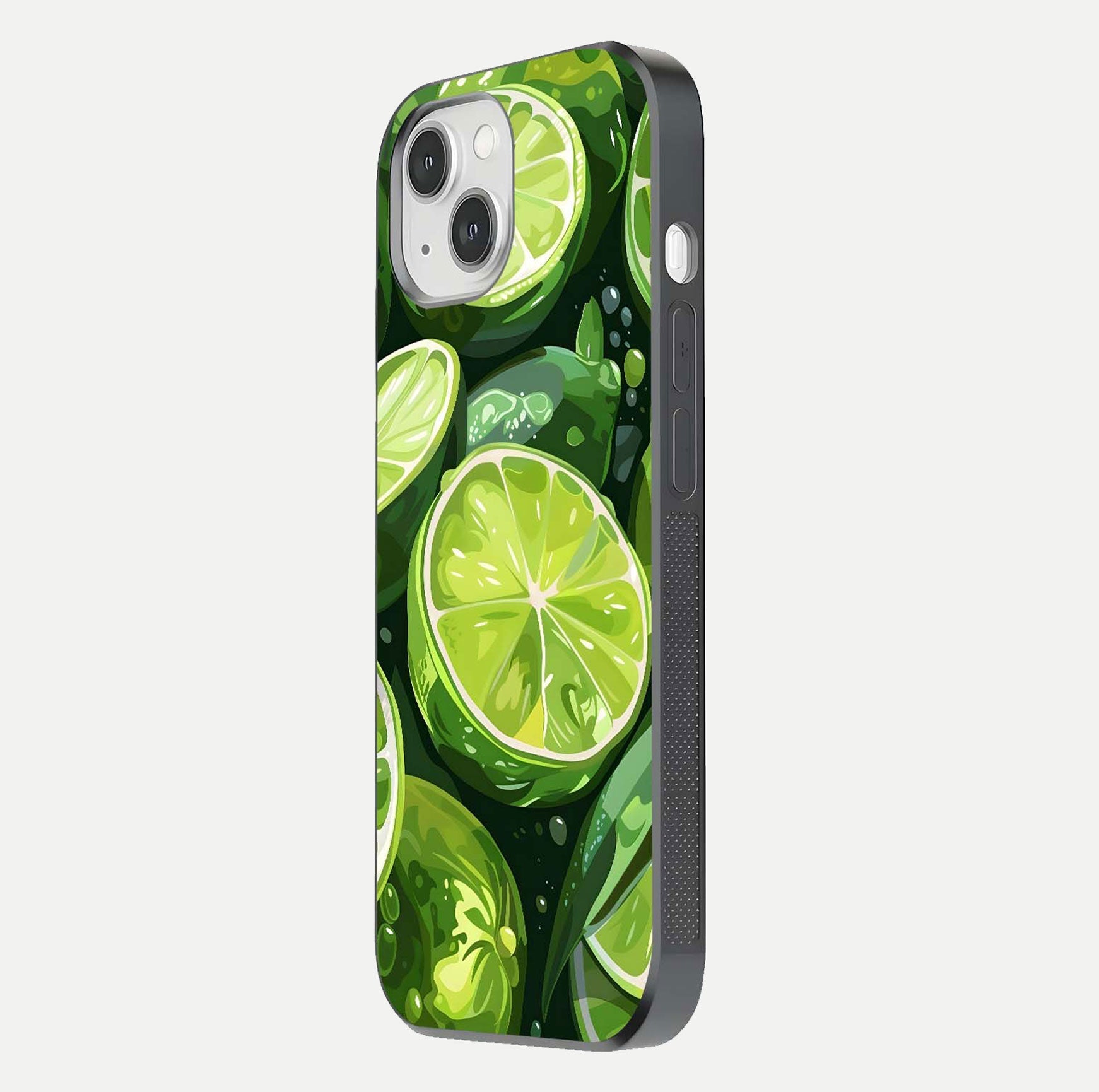 Green Lemon Glass Case for iPhone 14 side-angle image showing reflection glow and juicy color tones
