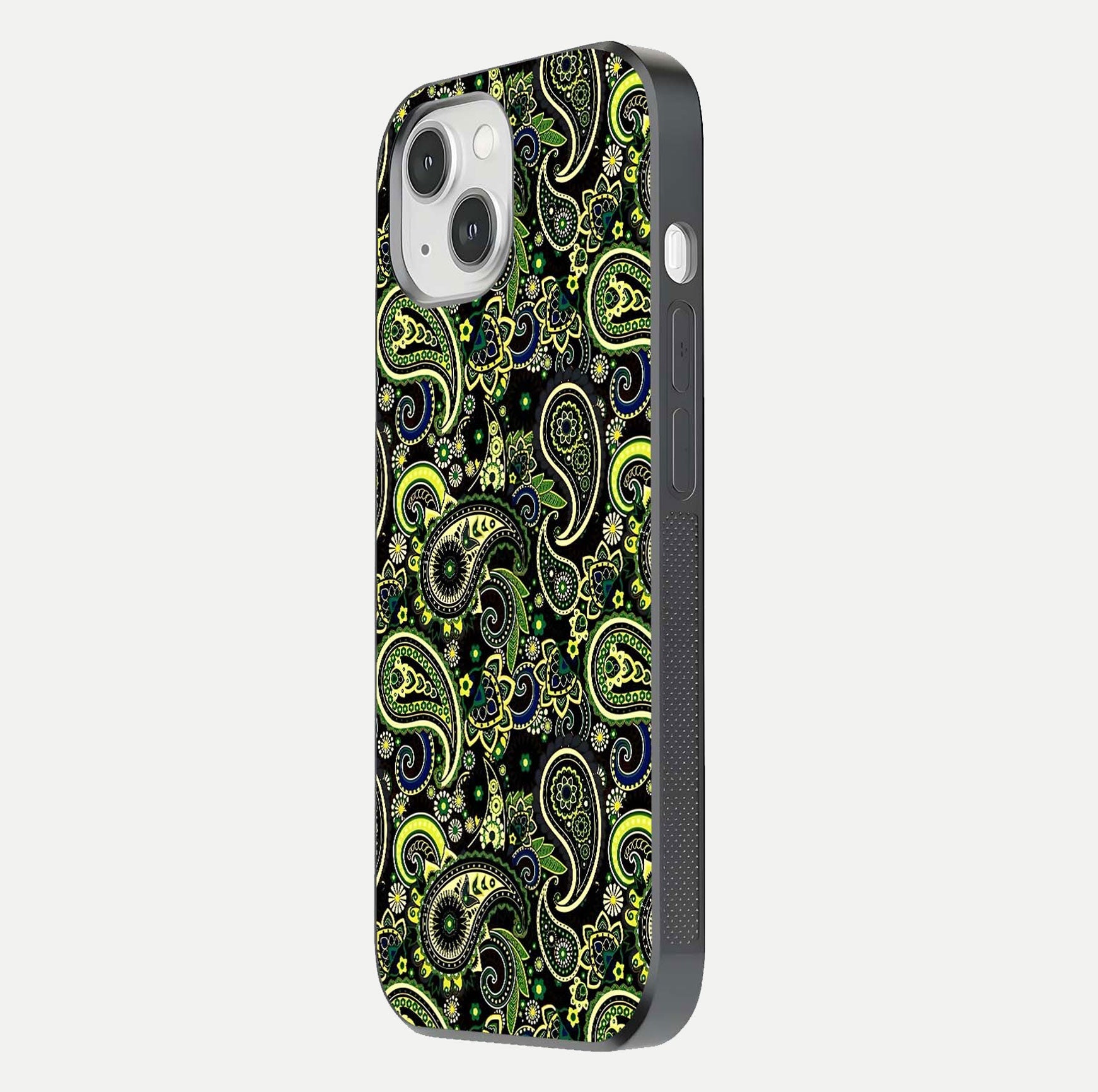 Green Mandala Pattern Glass Case for iPhone 14 side-angle image showing reflection clarity and detailed pattern lines