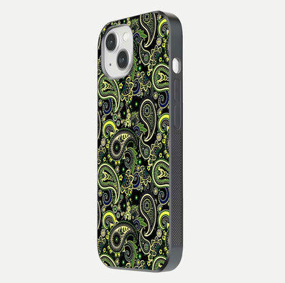 Green Mandala Pattern Glass Case for iPhone 14 side-angle image showing reflection clarity and detailed pattern lines