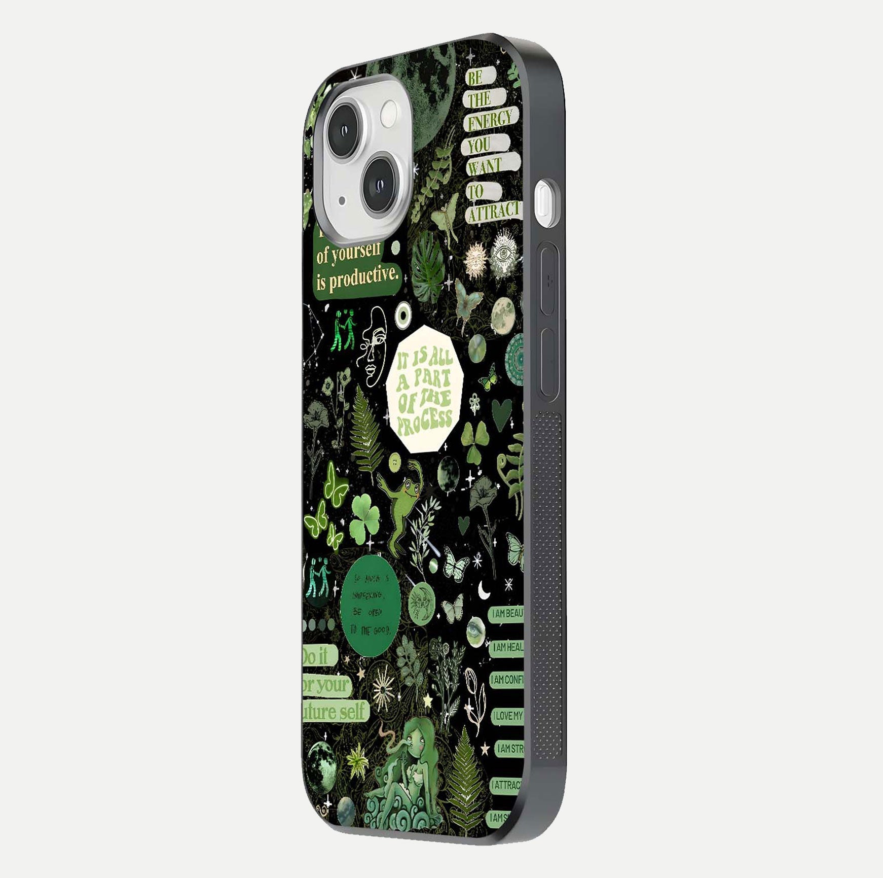 Green Moon Energy Glass Case for iPhone 14 side-angle image showing reflection brilliance and curved finish