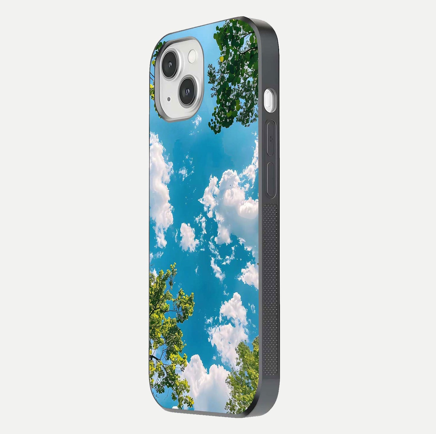 Greenery Sky Glass Case for iPhone 14 side-angle image showing reflection glow and nature-themed pattern