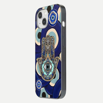 Hamsa Divine Guard Glass Case for iPhone 14 side-angle image showing reflection brilliance and protective design