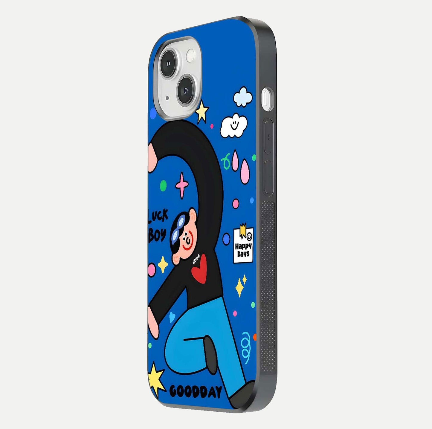 Happy Luck Vibe Glass Case for iPhone 14 side-angle image showing reflection polish and vivid charm design