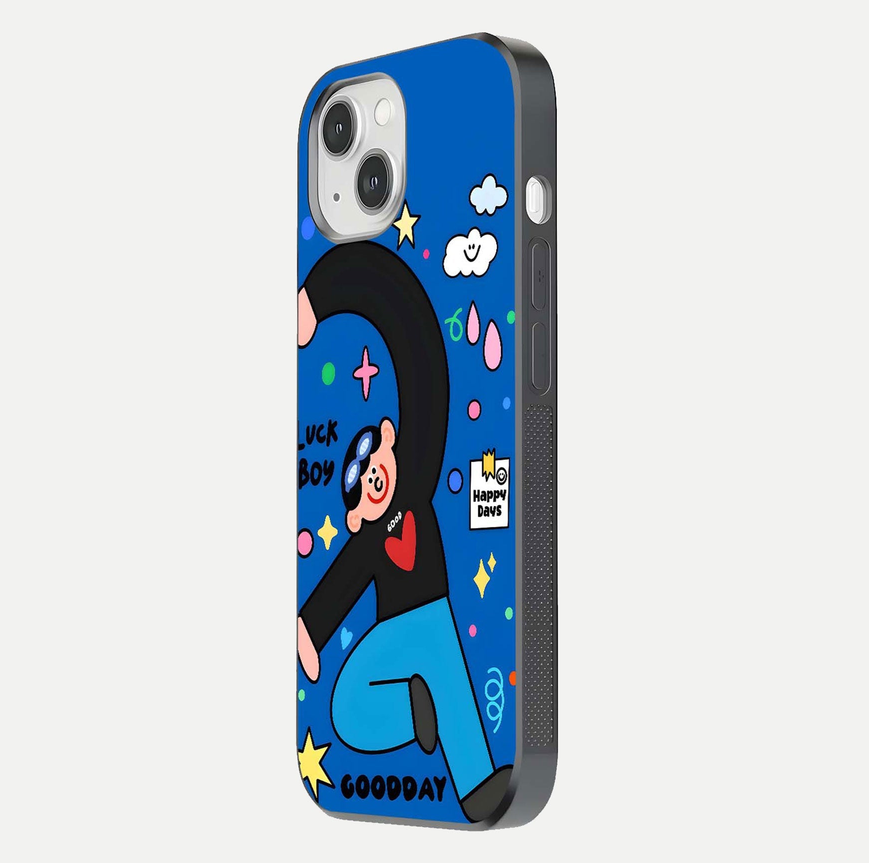 Happy Luck Vibe Glass Case for iPhone 14 side-angle image showing reflection polish and vivid charm design