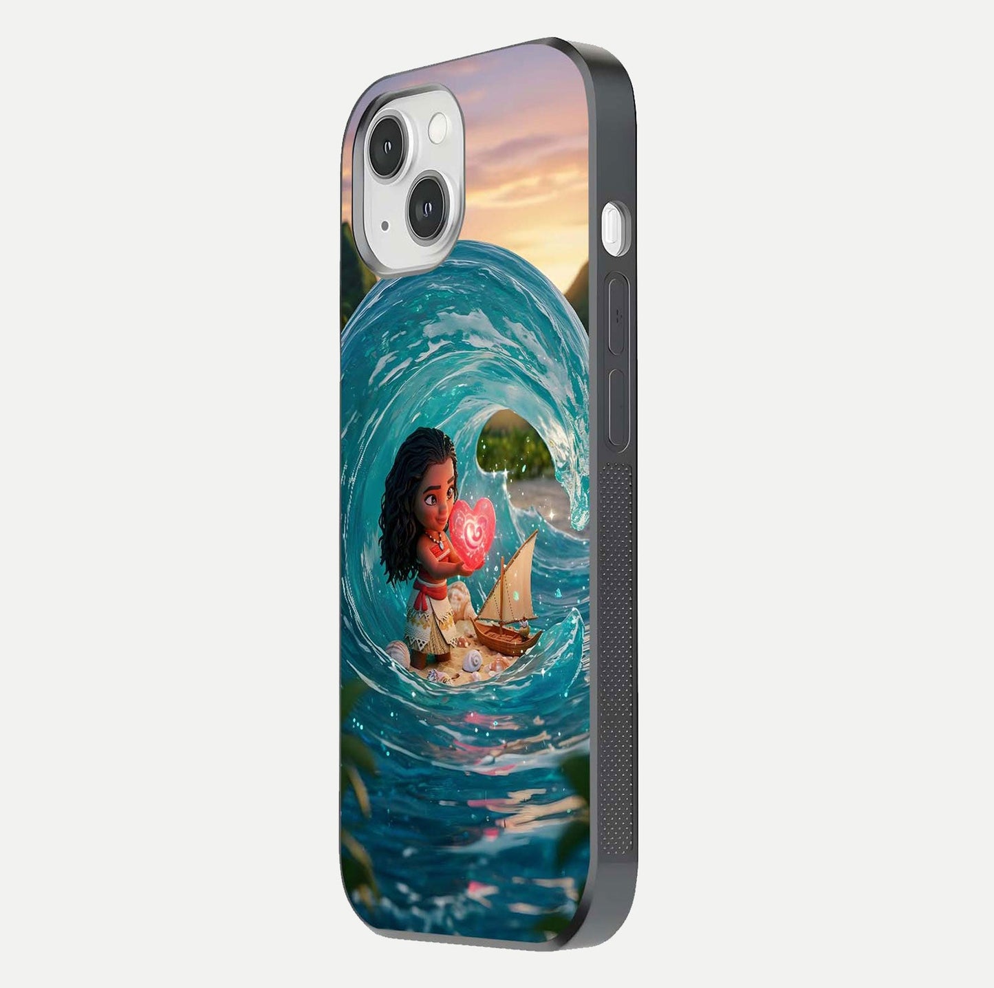 Heart of Ocean Glass Case for iPhone 14 side-angle image showing reflection clarity and deep ocean texture