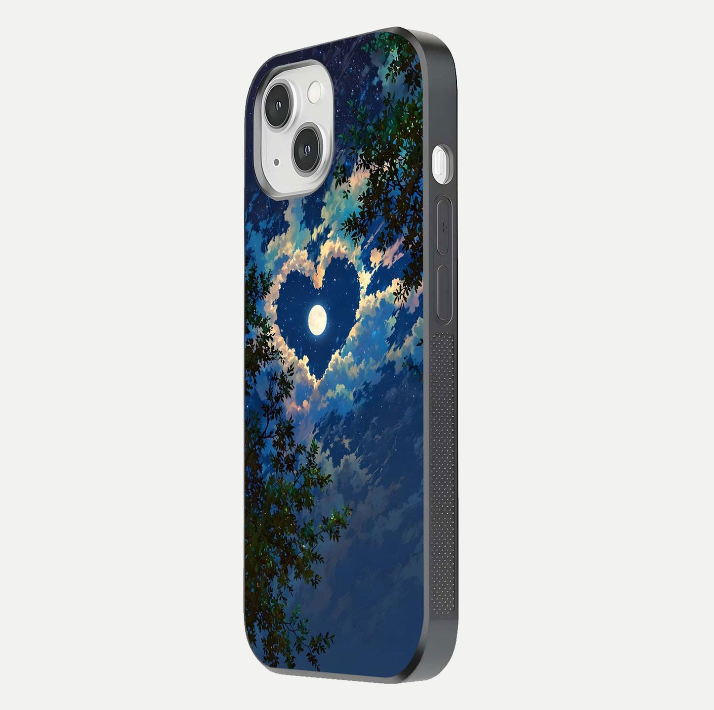 Heart with Moon Sky Glass Case for iPhone 14 side-angle image showing reflection brightness and soft tone finish