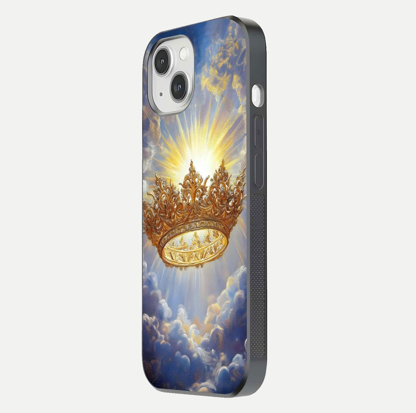 Heavenly Crown Light Glass Case for iPhone 14 side-angle image showing reflection brilliance and elegant divine art