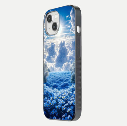 Heavenly Daisy Horizon Glass Case for iPhone 14 side-angle image showing reflection depth and floral glow