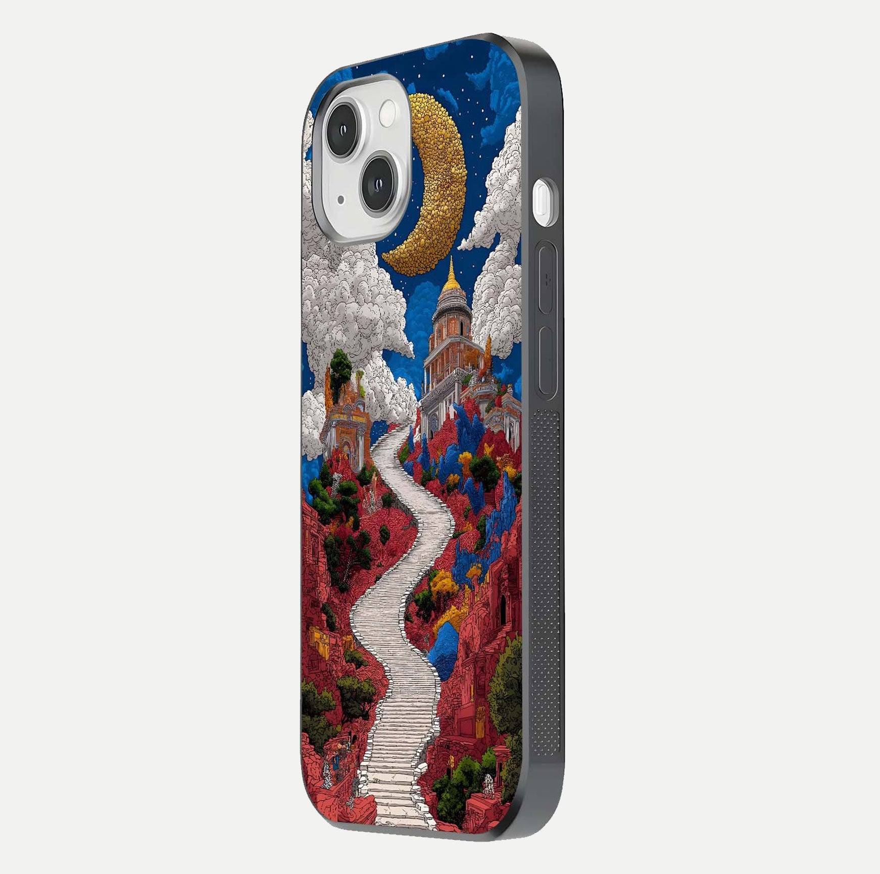 Heavenly Moon Path Glass Case for iPhone 14 side-angle image showing reflection clarity and serene moon glow