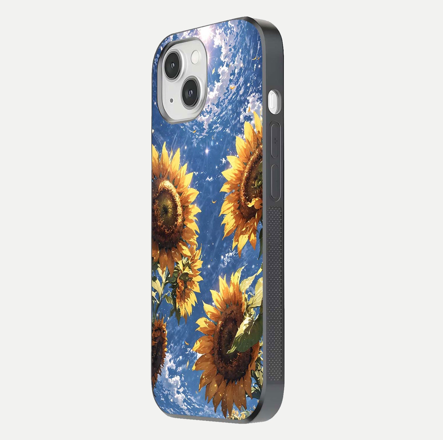 Heavenly Sunflower Rise Glass Case for iPhone 14 side-angle image showing reflection glow and soft yellow tone