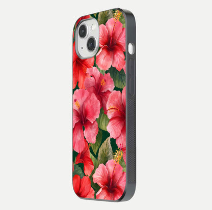 Hibiscus Pattern Glass Case for iPhone 14 side-angle image showing reflection brightness and floral detailing
