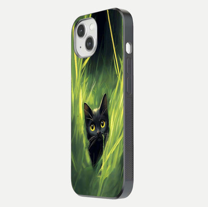 Hidden Cat Whisper Glass Case for iPhone 14 side-angle image showing reflection glow and subtle artistic texture