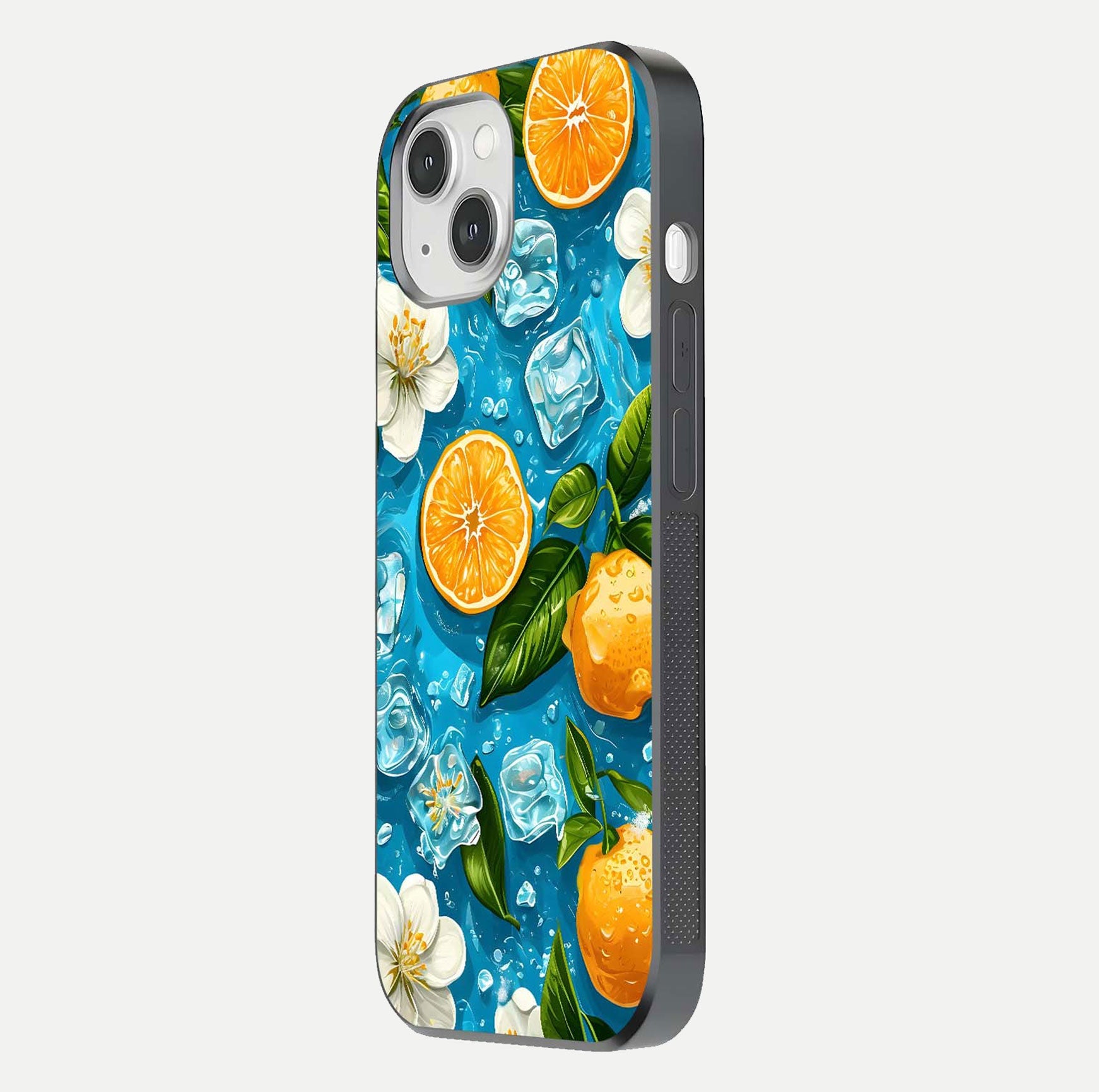 Ice Cube With Orange Glass Case for iPhone 14 side-angle image showing reflection brightness and juicy pattern detail