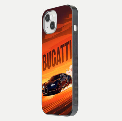 Inferno Bugatti Storm Glass Case for iPhone 14 side-angle image showing reflection glow and vibrant red tones