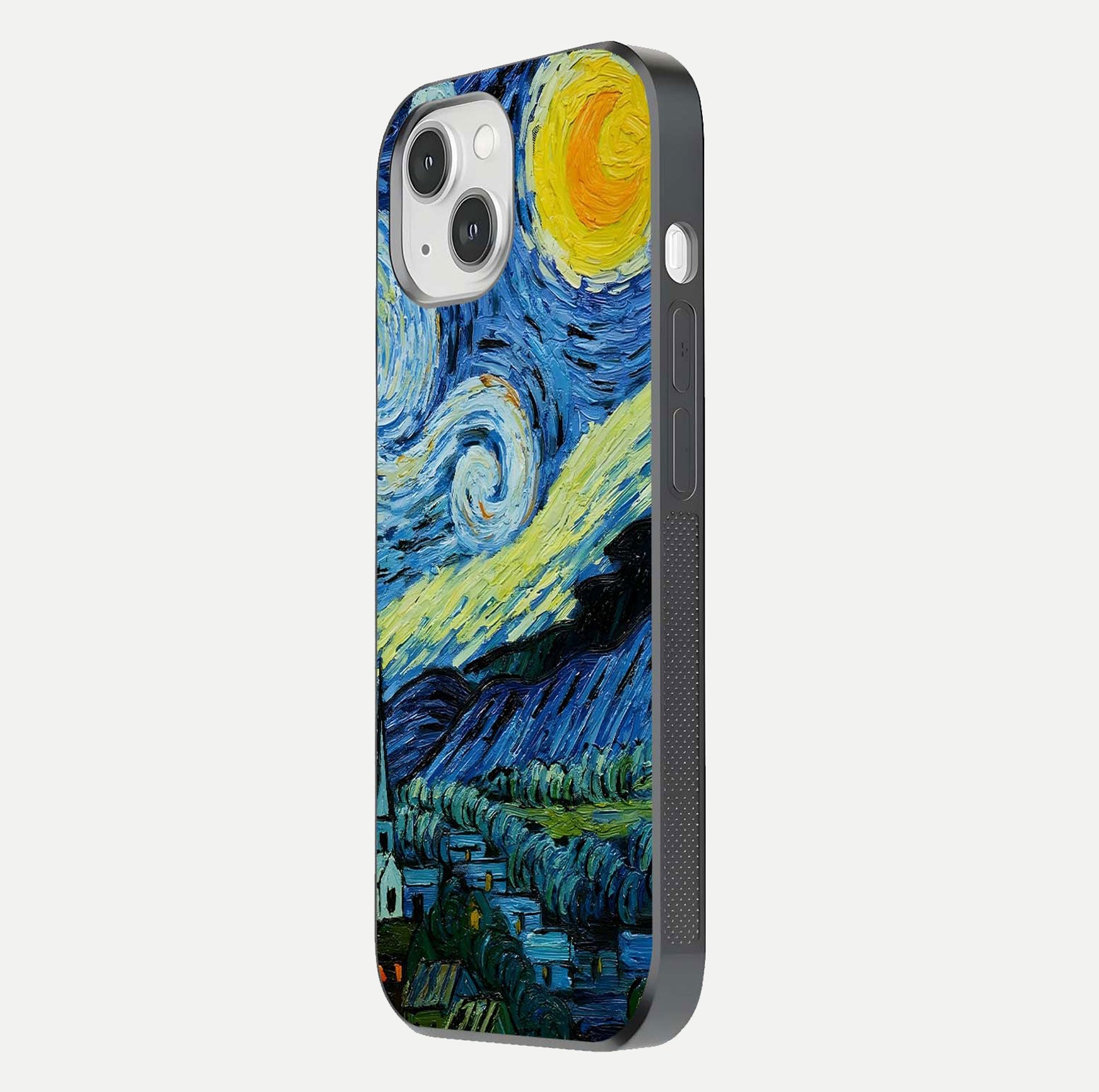 Inspired Van Gogh Art Glass Case for iPhone 14 side-angle image showing reflection brilliance and painted surface look