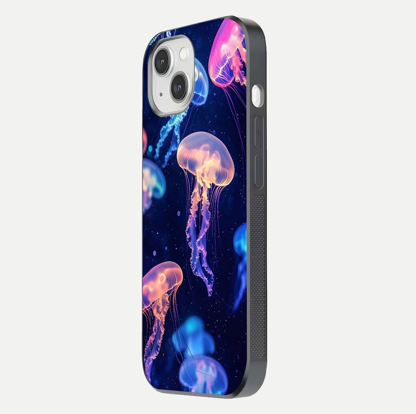 Jellyfish Pattern Glass Case for iPhone 14 side-angle image showing reflection glow and soft water-blue gradient