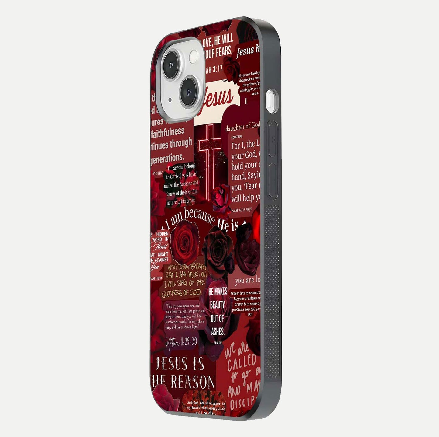 Jesus Love Heals Glass Case for iPhone 14 side-angle image highlighting gloss depth and spiritual aura