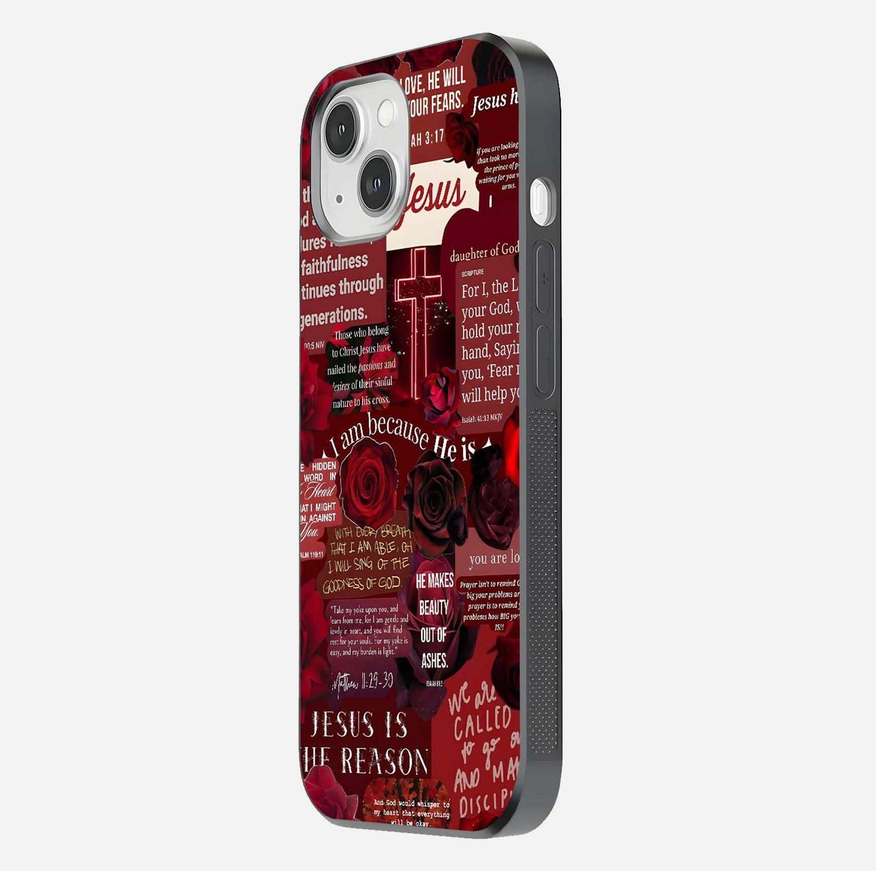 Jesus Love Heals Glass Case for iPhone 14 side-angle image highlighting gloss depth and spiritual aura