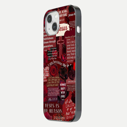 Jesus Love Heals Glass Case for iPhone 14 side-angle image highlighting gloss depth and spiritual aura