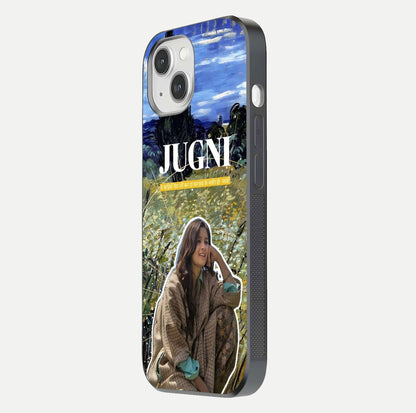 Jugni Soul Vibes Glass Case for iPhone 14 side-angle image with stylish typography and HD finish