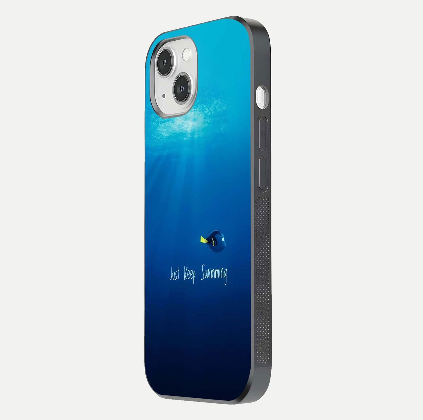 Just Keep Swimming Glass Case for iPhone 14 side-angle image highlighting reflective surface and positive quote