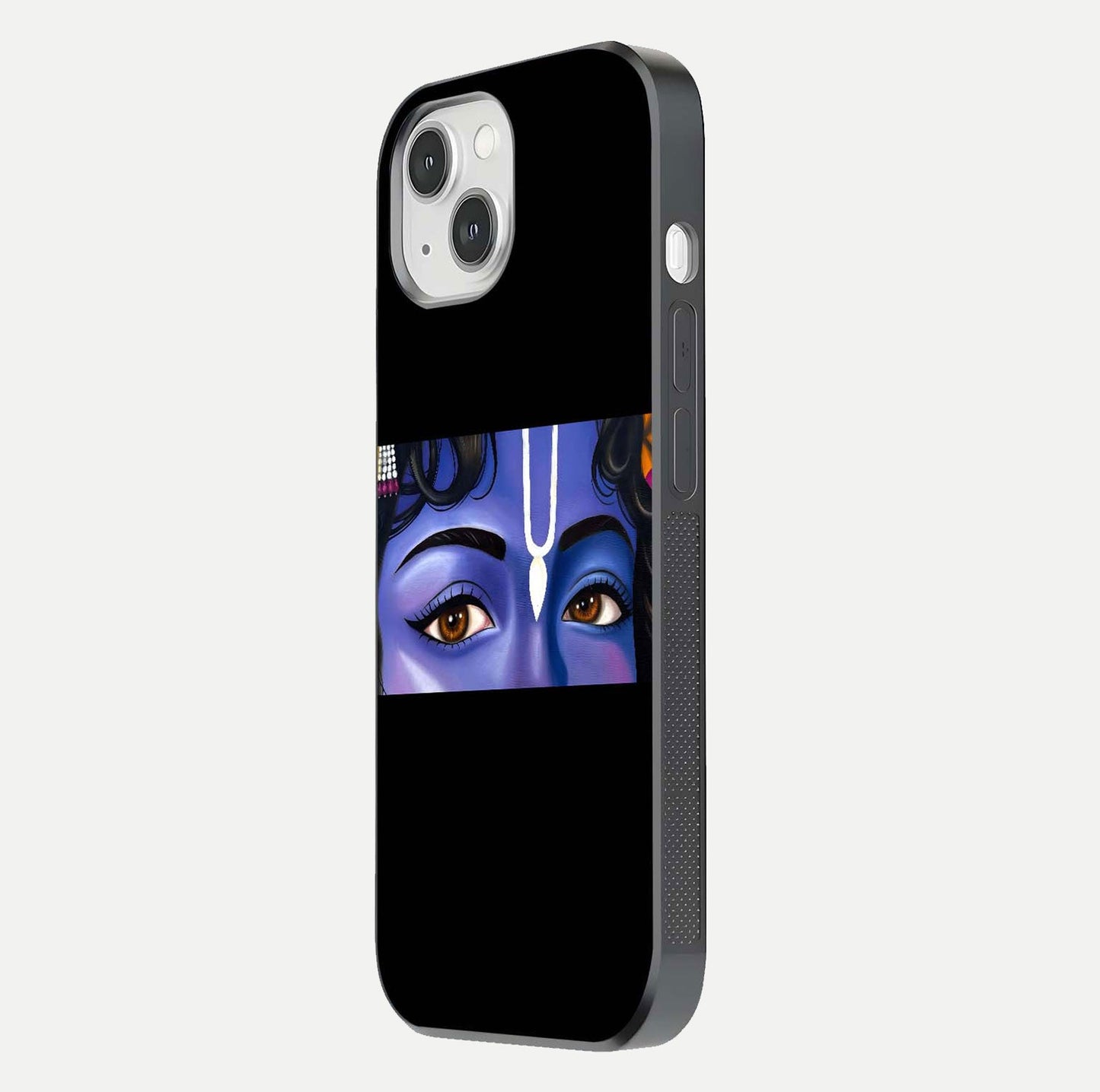 Krishna Eye Glass Case for iPhone 14 side-angle image showing reflection clarity and Krishna symbol design