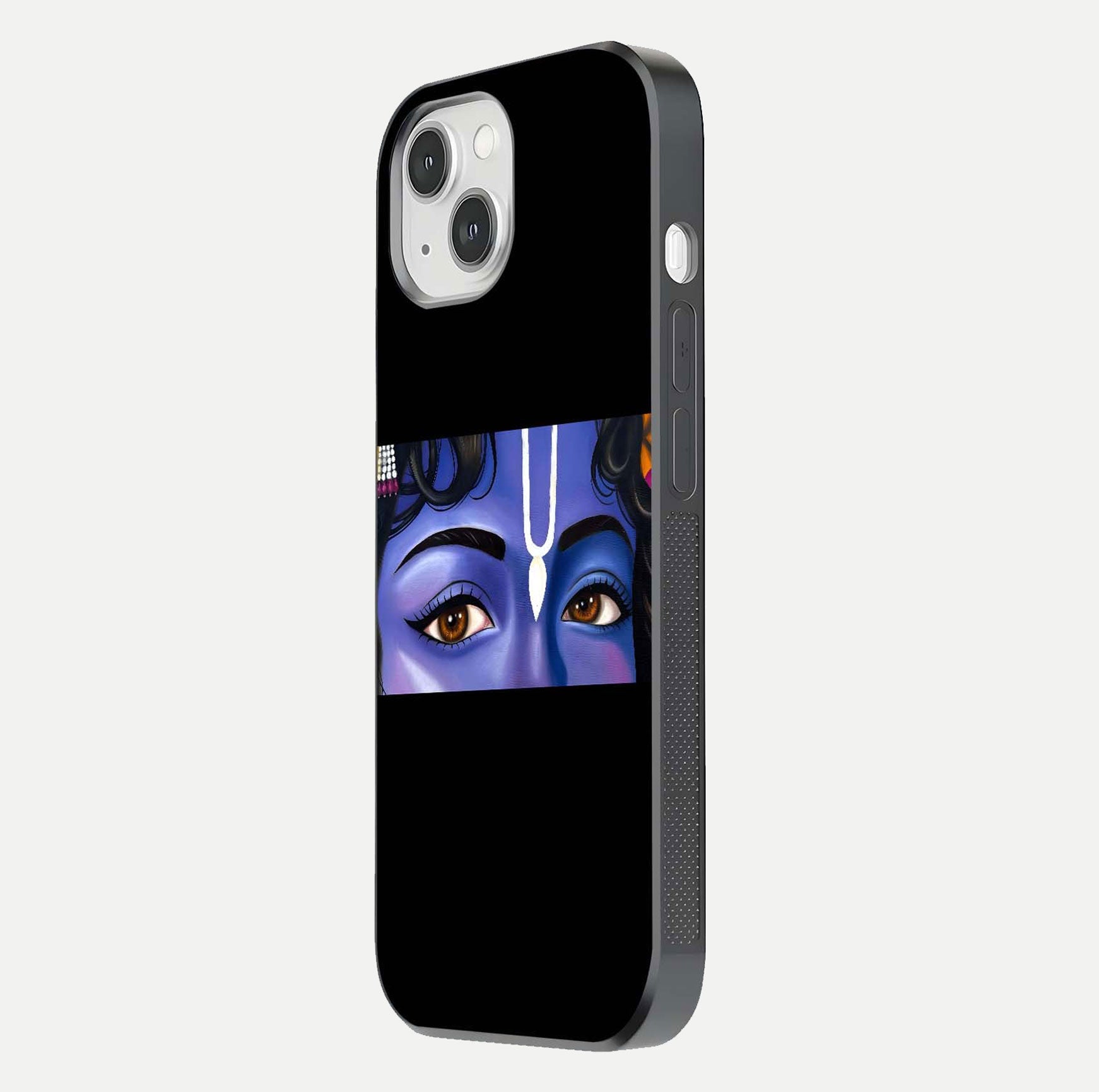 Krishna Eye Glass Case for iPhone 14 side-angle image showing reflection clarity and Krishna symbol design