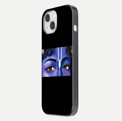 Krishna Eye Glass Case for iPhone 14 side-angle image showing reflection clarity and Krishna symbol design