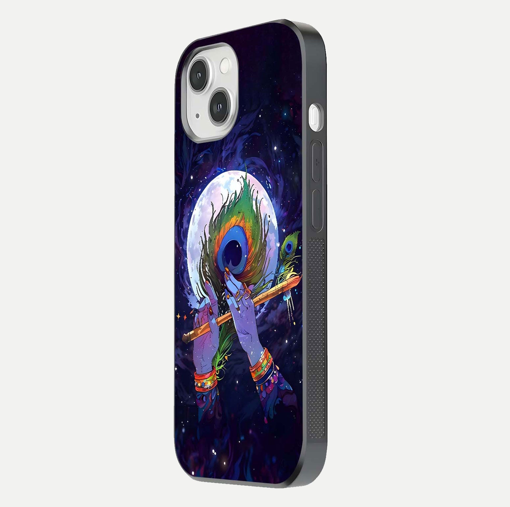 Krishna Hands Art Glass Case for iPhone 14 side-angle image highlighting reflection brightness and vivid print