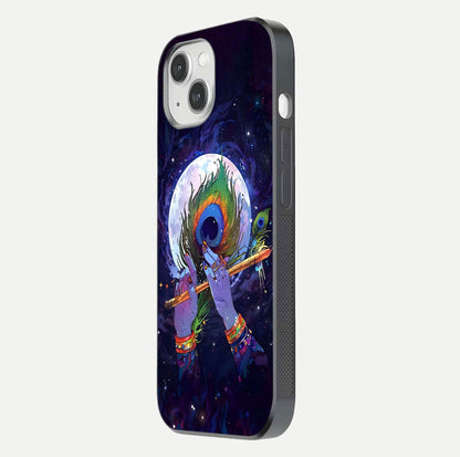 Krishna Hands Art Glass Case for iPhone 14 side-angle image highlighting reflection brightness and vivid print