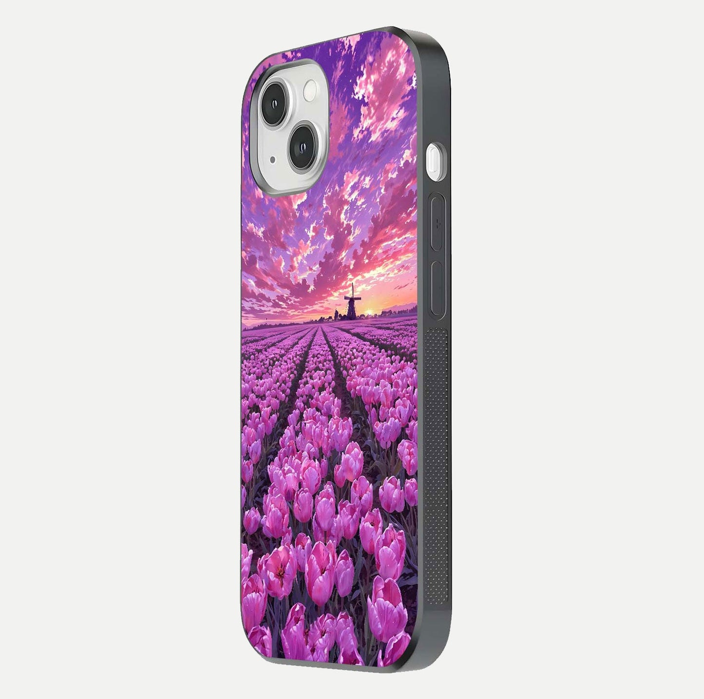 Lavender Dream Skies Glass Case for iPhone 14 side-angle image showing reflection depth and serene tones