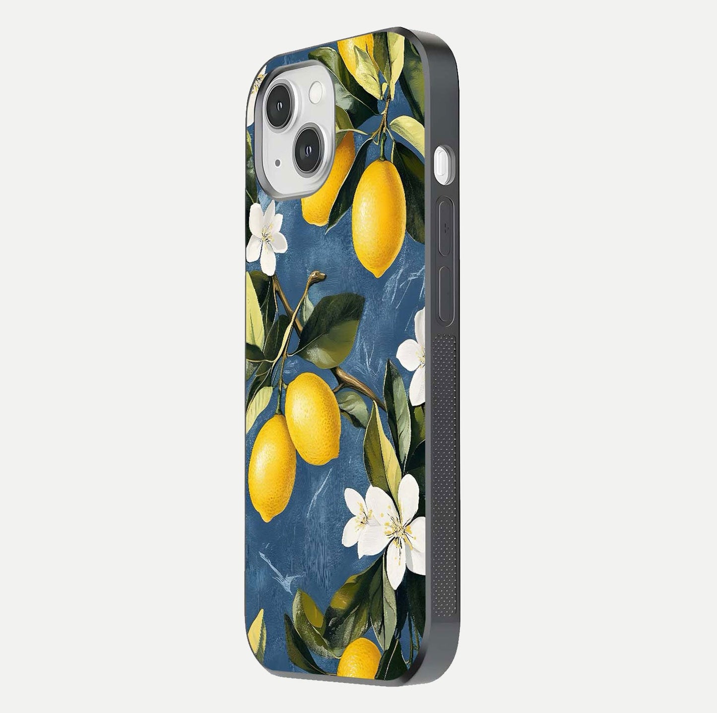 Lemon Dream Garden Glass Case for iPhone 14 side-angle image showing reflection clarity and artistic fruit design