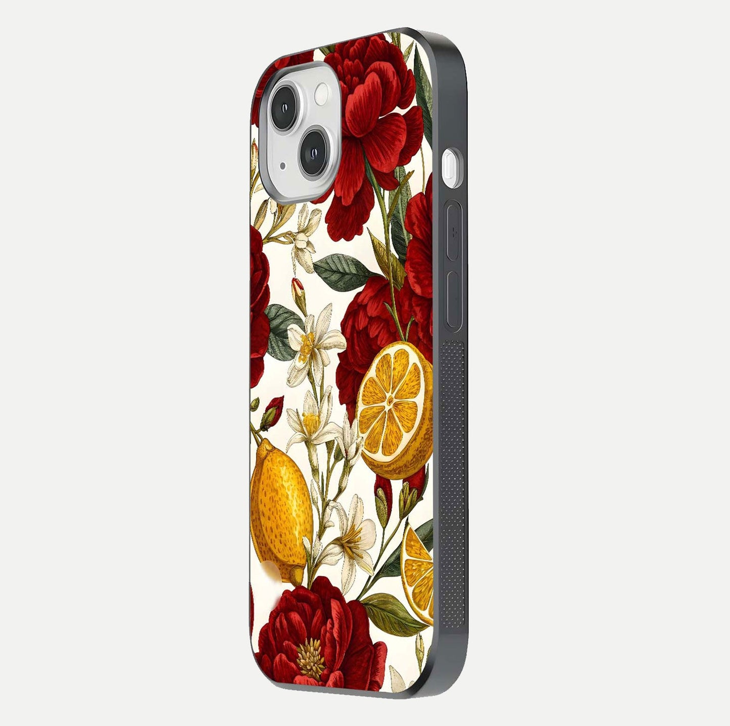 Lemon Rose Charm Glass Case for iPhone 14 side-angle image revealing reflection depth and vibrant flower art