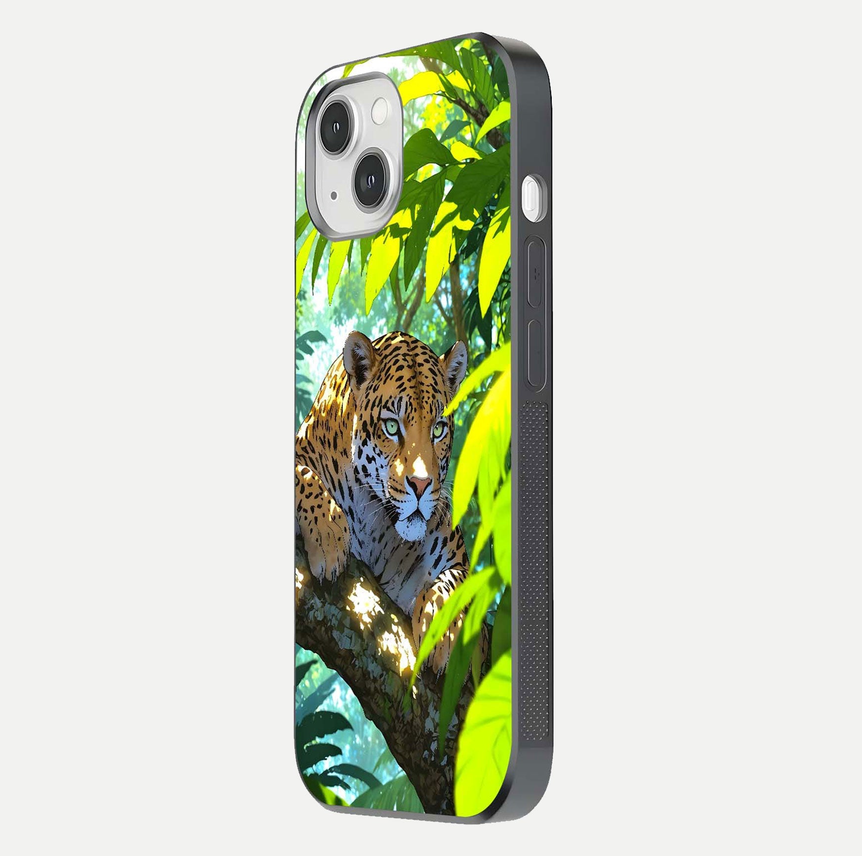 Leopard in Jungle Glass Case for iPhone 14 side-angle shot emphasizing contrast and fierce design clarity