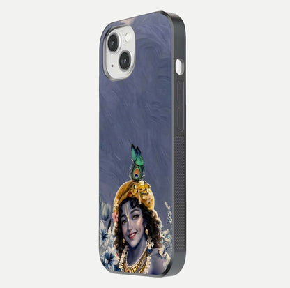 Lord Krishna Glass Case for iPhone 14 side-angle image emphasizing premium reflection and sacred motif